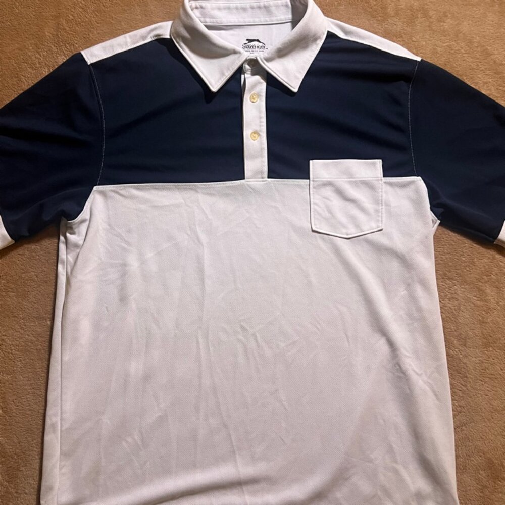 Slazenger Men Large Navy White Pocket‎ Short Sleeve 3 Button Golf Polo Shirt